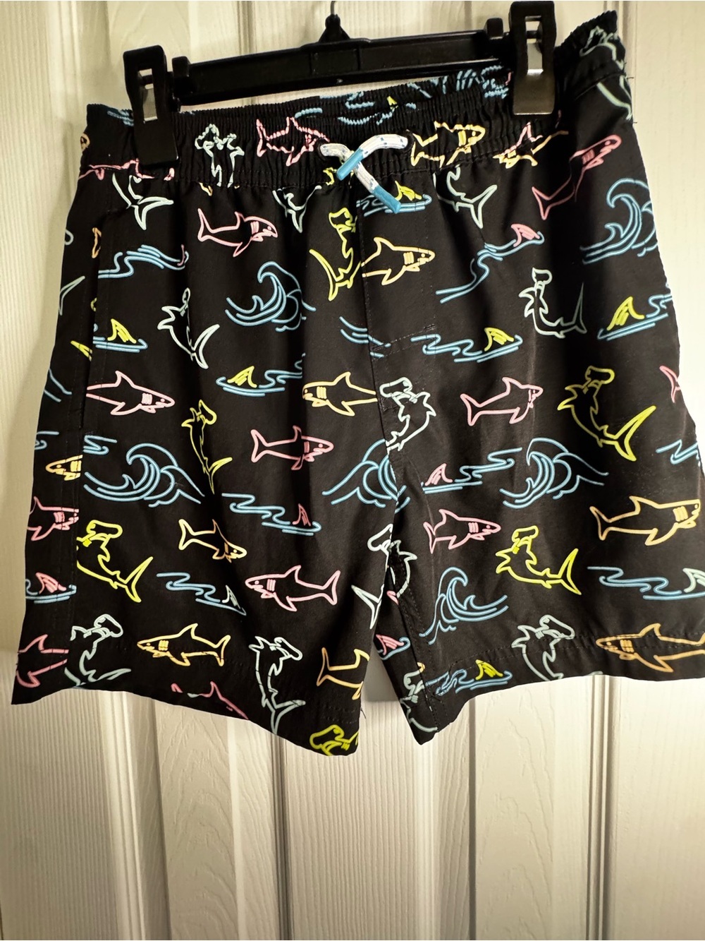 5/$25 EUC Kids Black Shark Print Swim Trunks- WORN ONCE SIZE 10/12